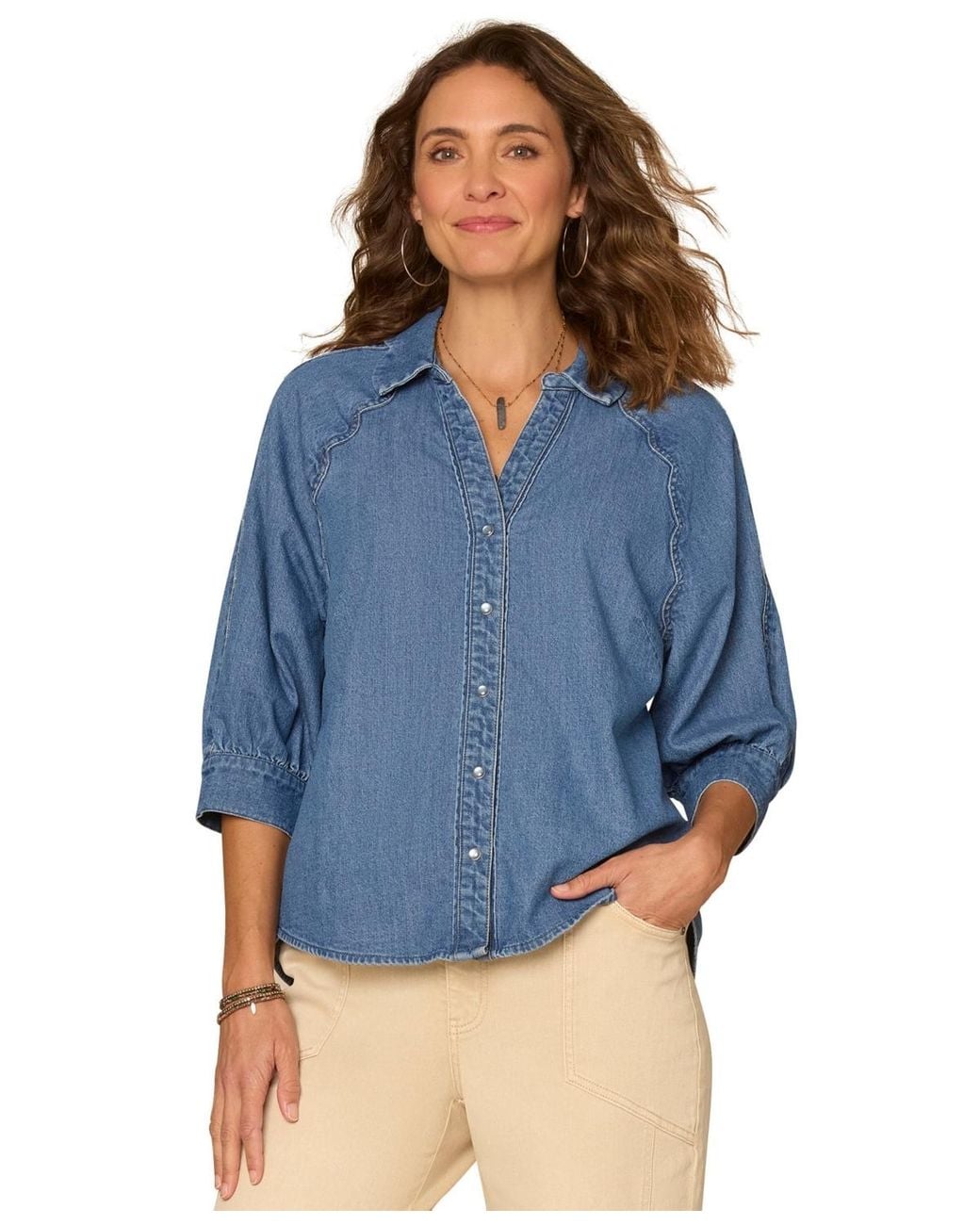 Democracy Blue Petite Collared Button Down Shirt