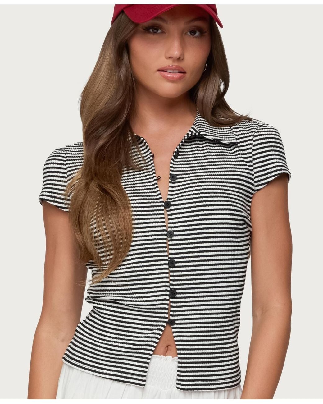 Edikted Multicolor Beau Striped Ribbed Button Up Top