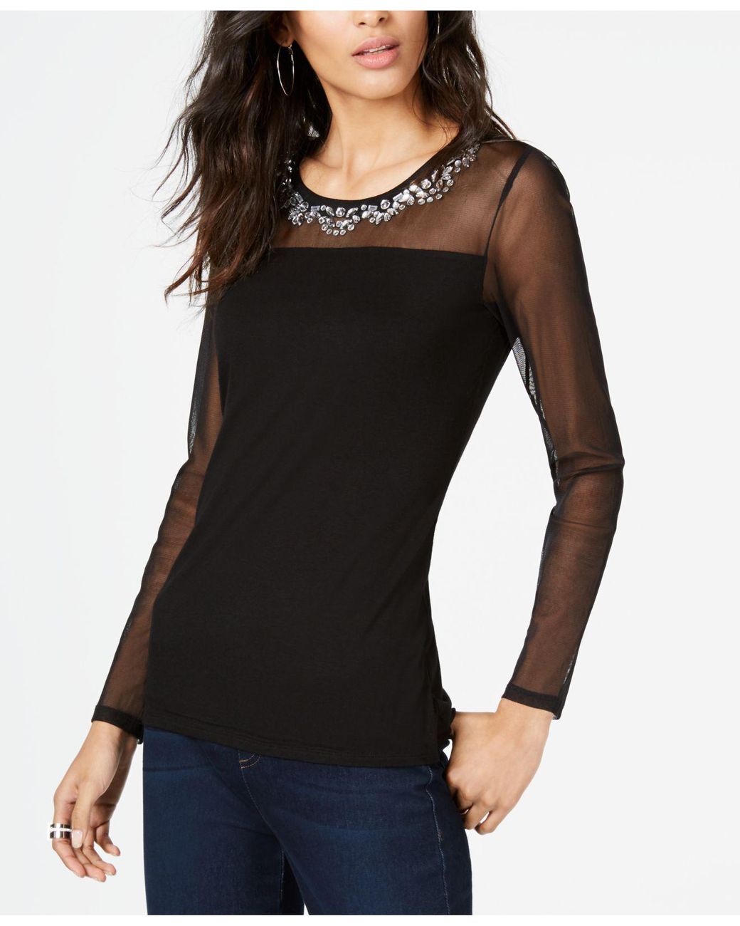 INC International Concepts Illusionsleeve Rhinestoneembellished Top
