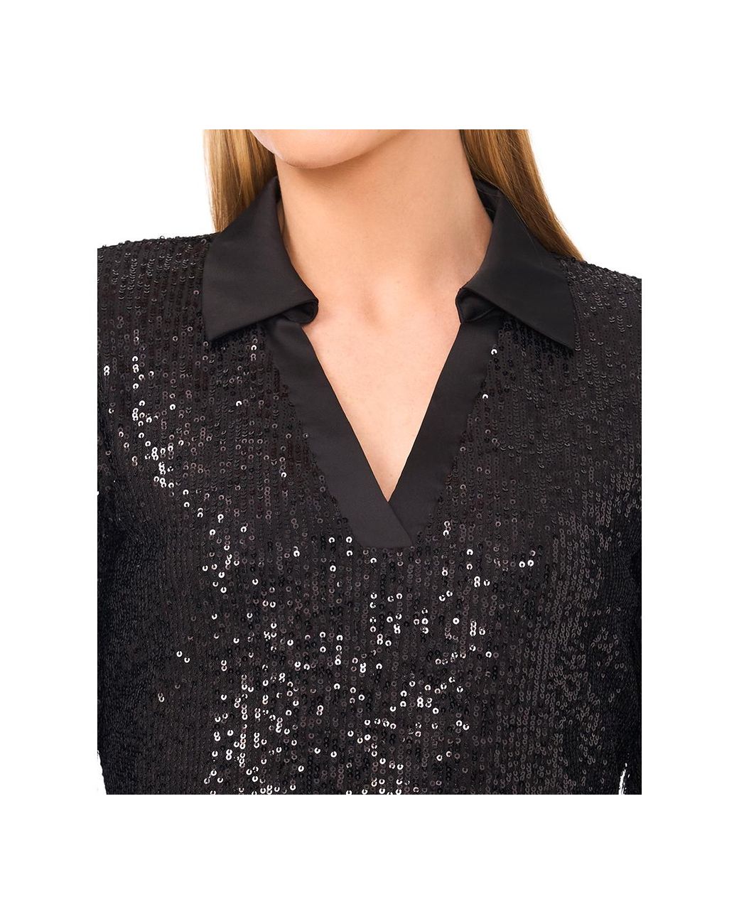 Cece Black Sequinned Long Sleeve Polo Top