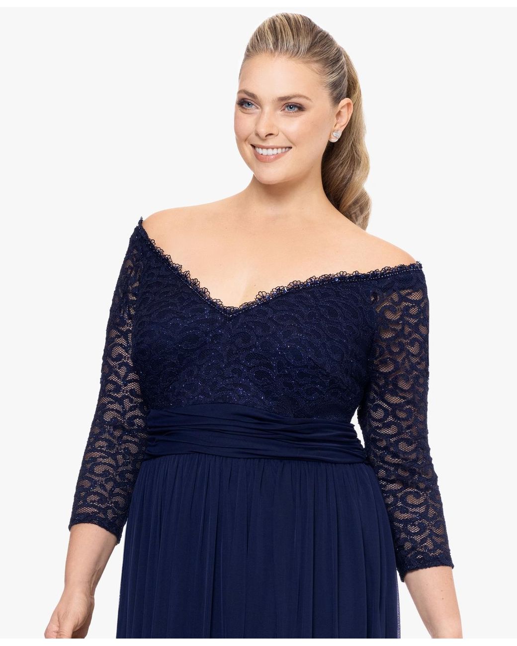 Betsy and adam off the shoulder lace gown 2025