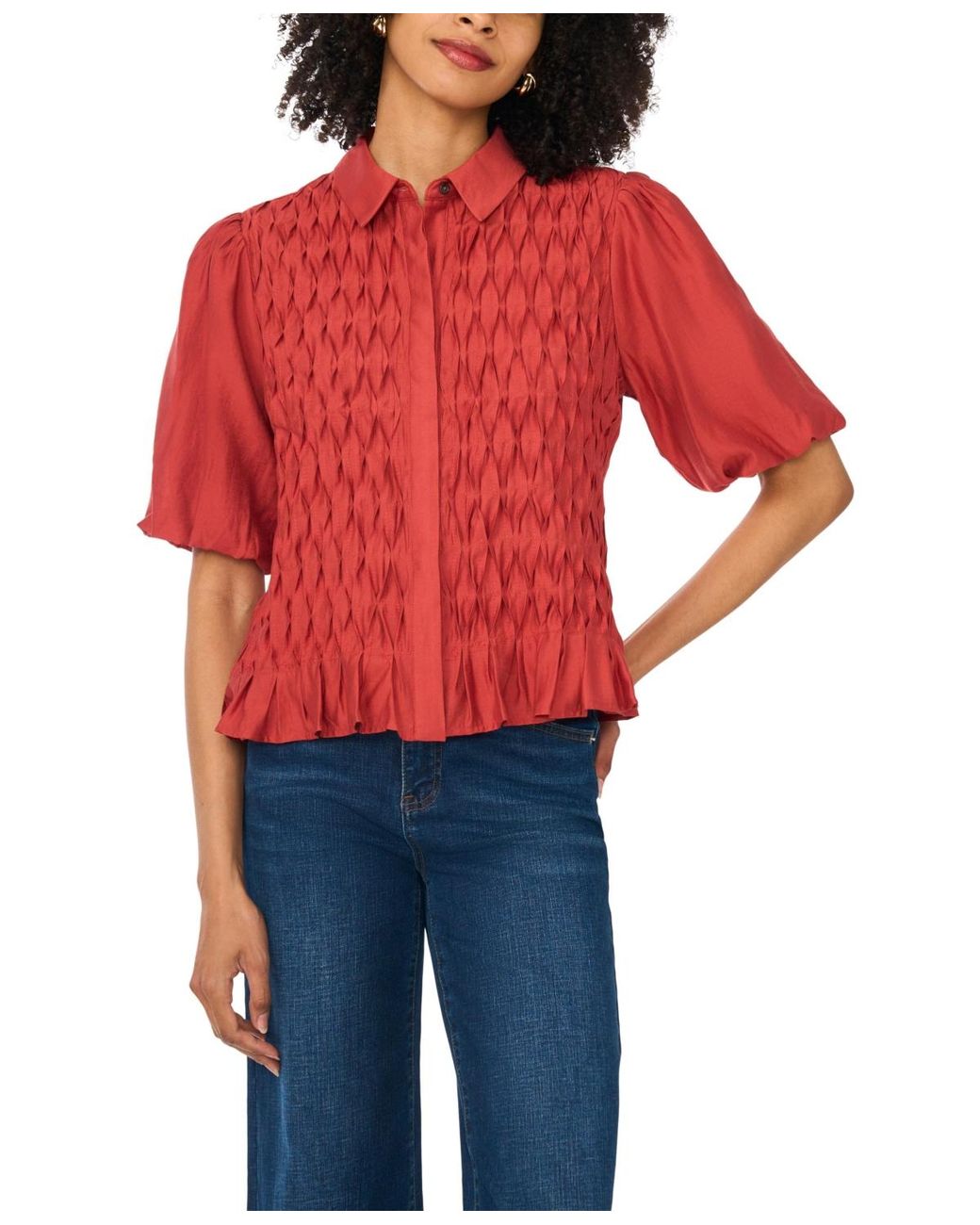 Vince Camuto Collared Button-front Bubble-sleeve Blouse