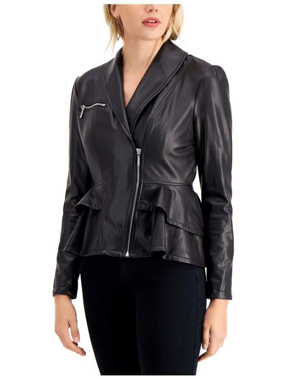 Guess Westlynn Faux-leather Peplum Jacket in Black | Lyst