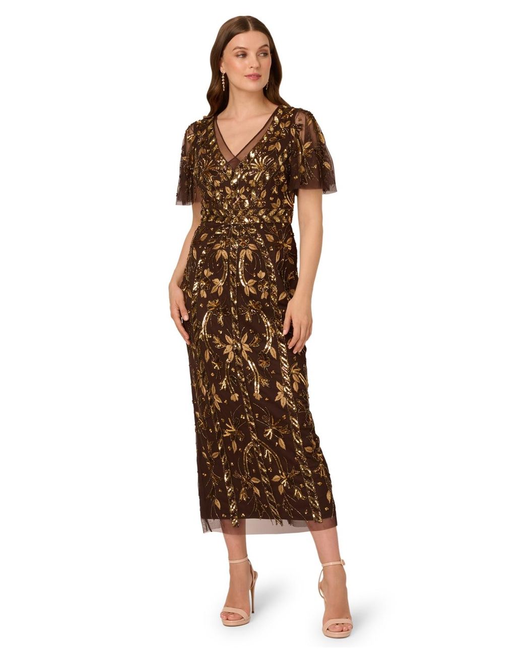 Adrianna Papell V-neck Embellished Flutter-sleeve Dress in Brown | Lyst Adrianna Papell V-neck Embellished Flutter-sleeve Dress in Brown | Lyst