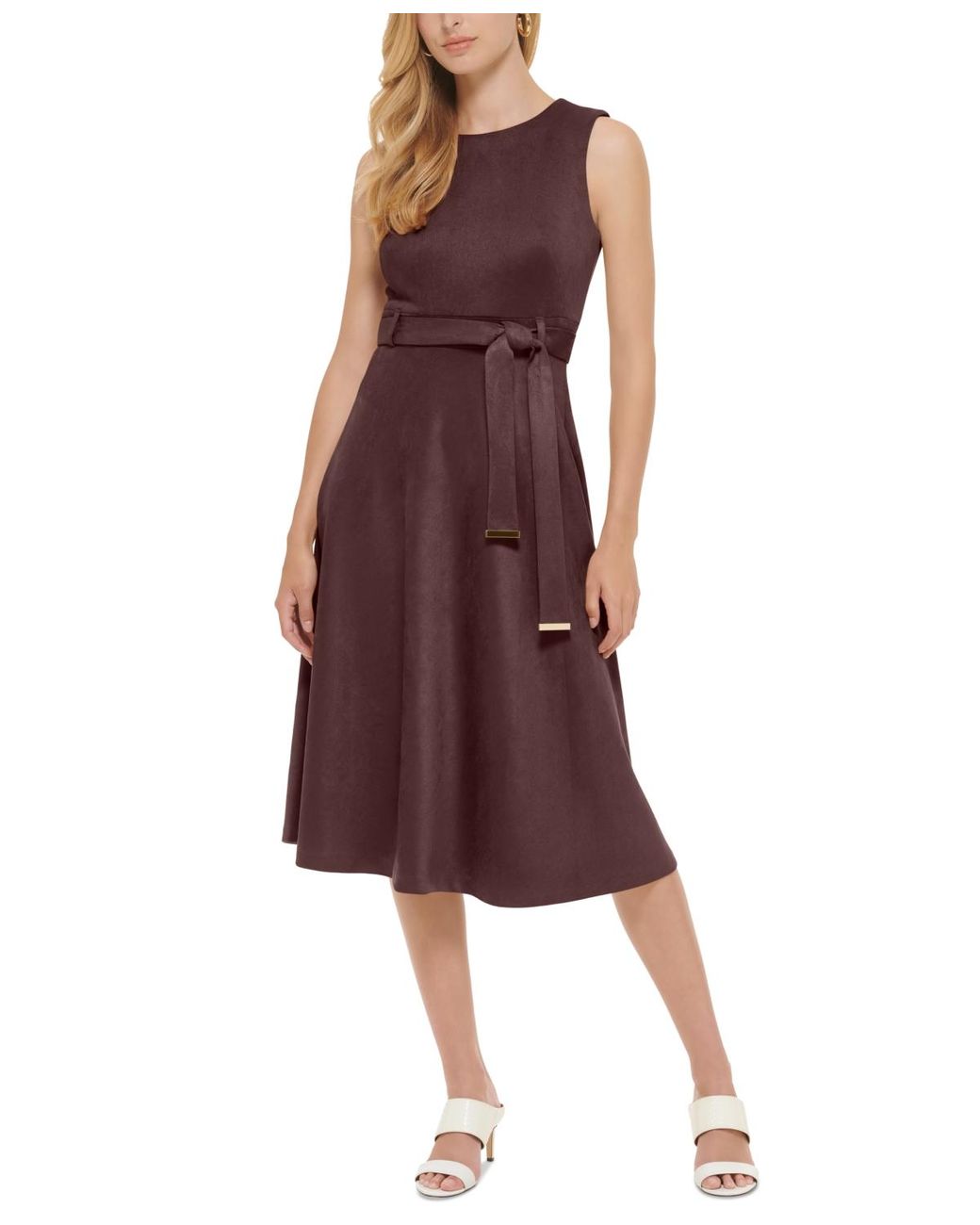 Calvin Klein Faux-suede Belted Midi Dress in Purple | Lyst