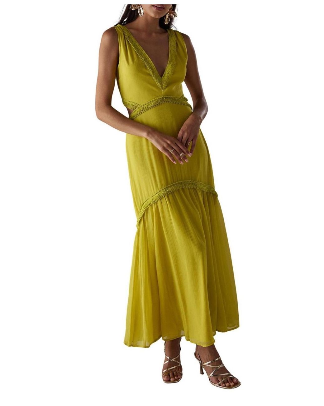 Warehouse Green Chiffon Fringe Trim Cut Out Maxi Dress