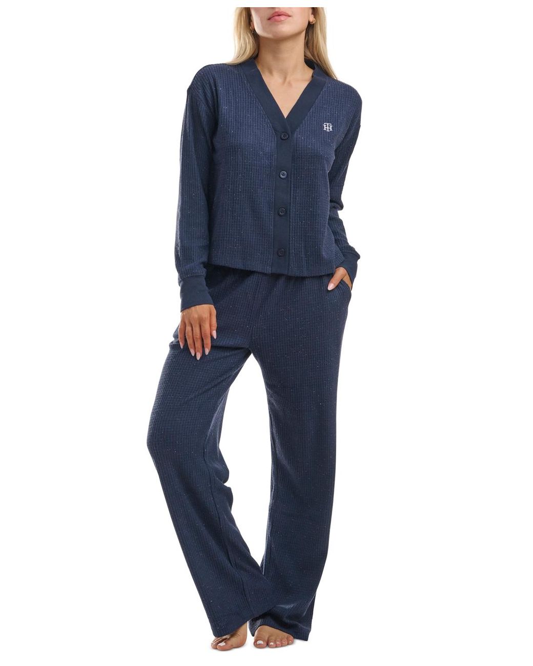 Tommy Hilfiger Speckled Waffle-knit Cardigan Top And Pajama Pants Set in  Blue | Lyst