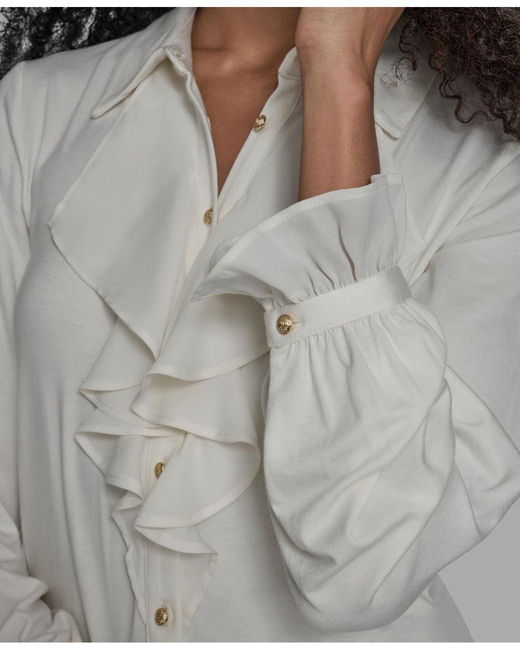 BCBGMAXAZRIA Gray Button Down Ruffle Front Blouse