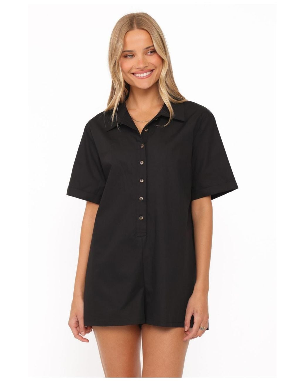 Petal & Pup Calypso Short-sleeve Button-front Collared Romper in Black ...