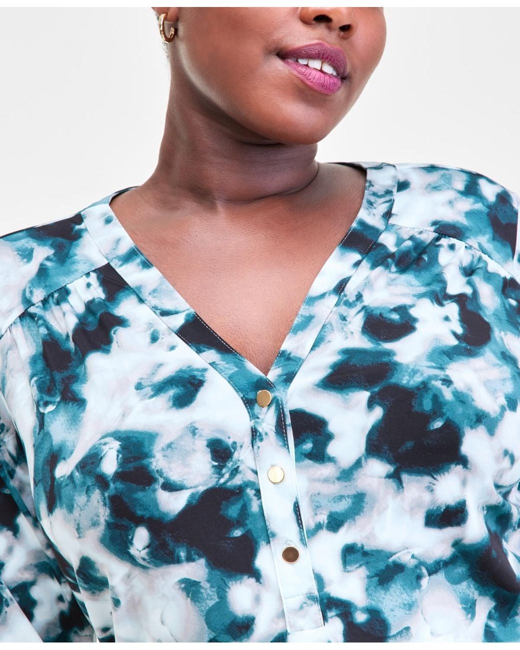 INC International Concepts Blue Plus Size Printed Half-placket Shirt