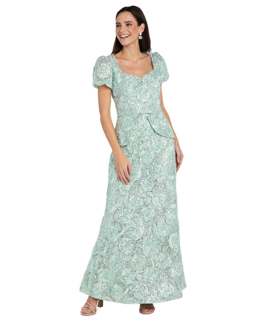 R & M Richards Petite Soutache Puff-sleeve Ball Gown in Green | Lyst