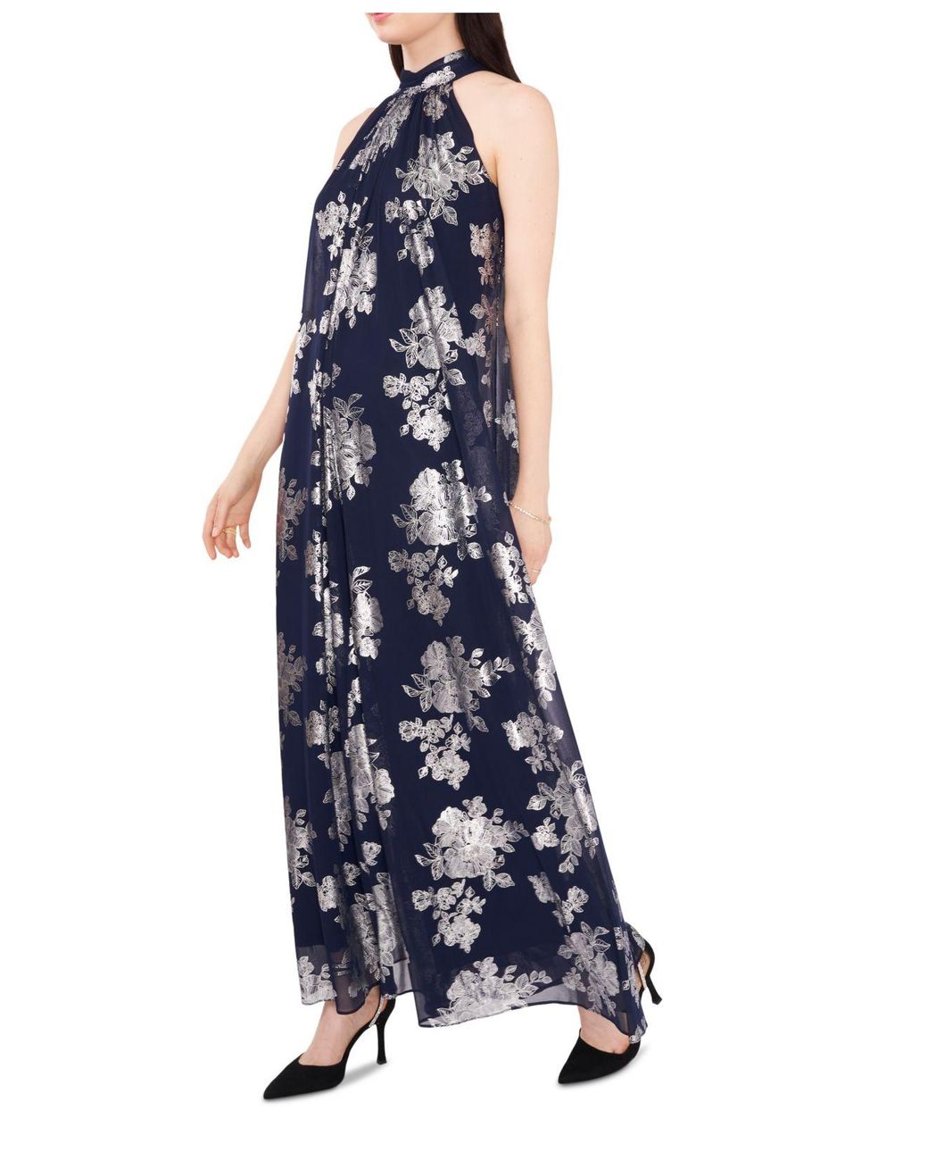 Msk Women's Blue Metallic Floral-print Halter Wide-leg Jumpsuit