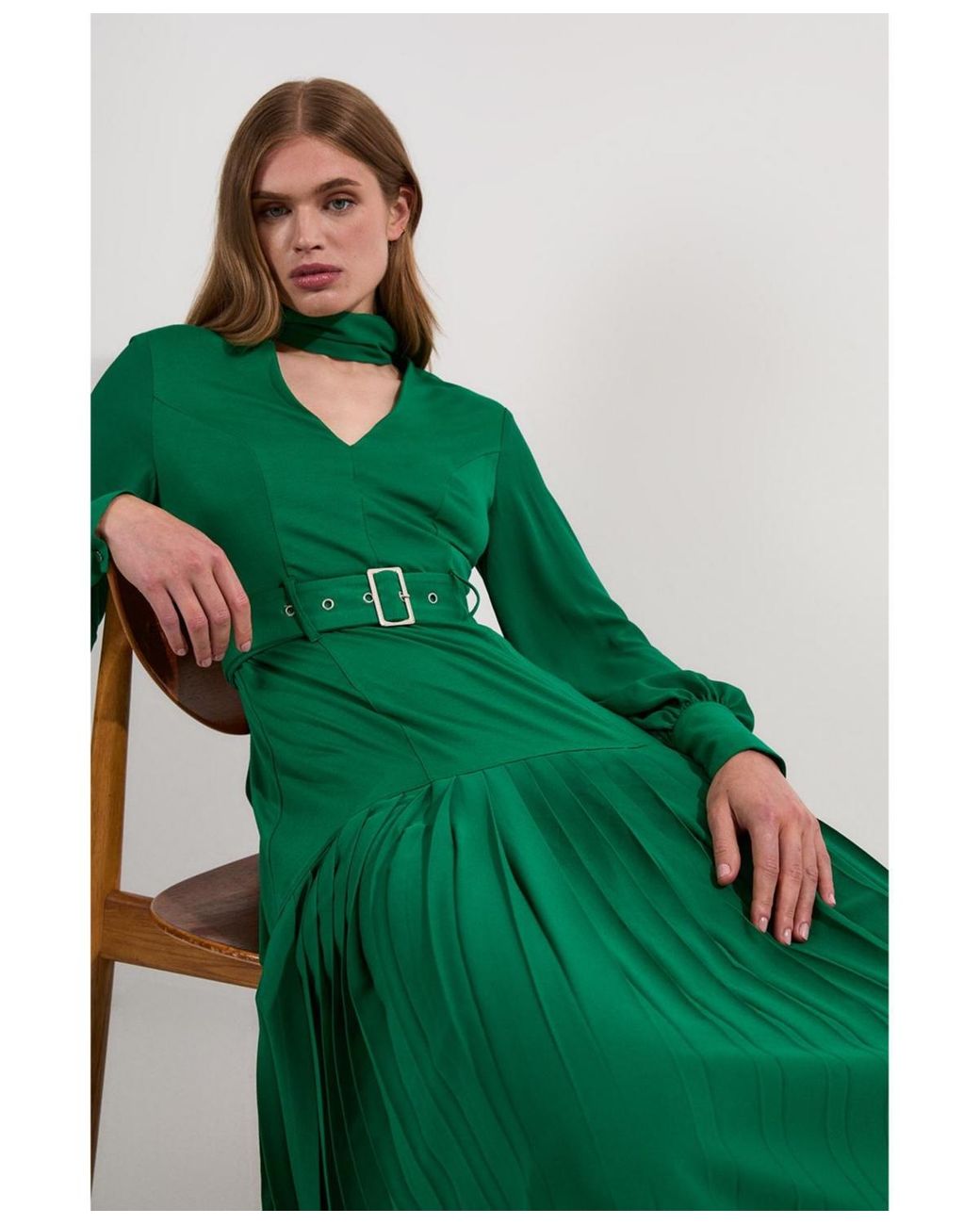 Karen Millen Jersey Ponte Georgette Mix Midi Dress in Green