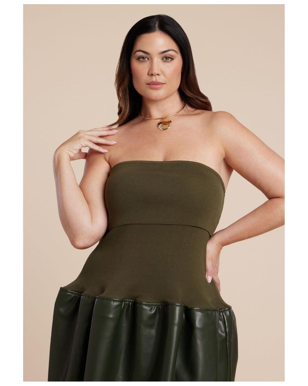 Eloquii Plus Size Faux Leather Sweater Mixed Dress in Natural | Lyst