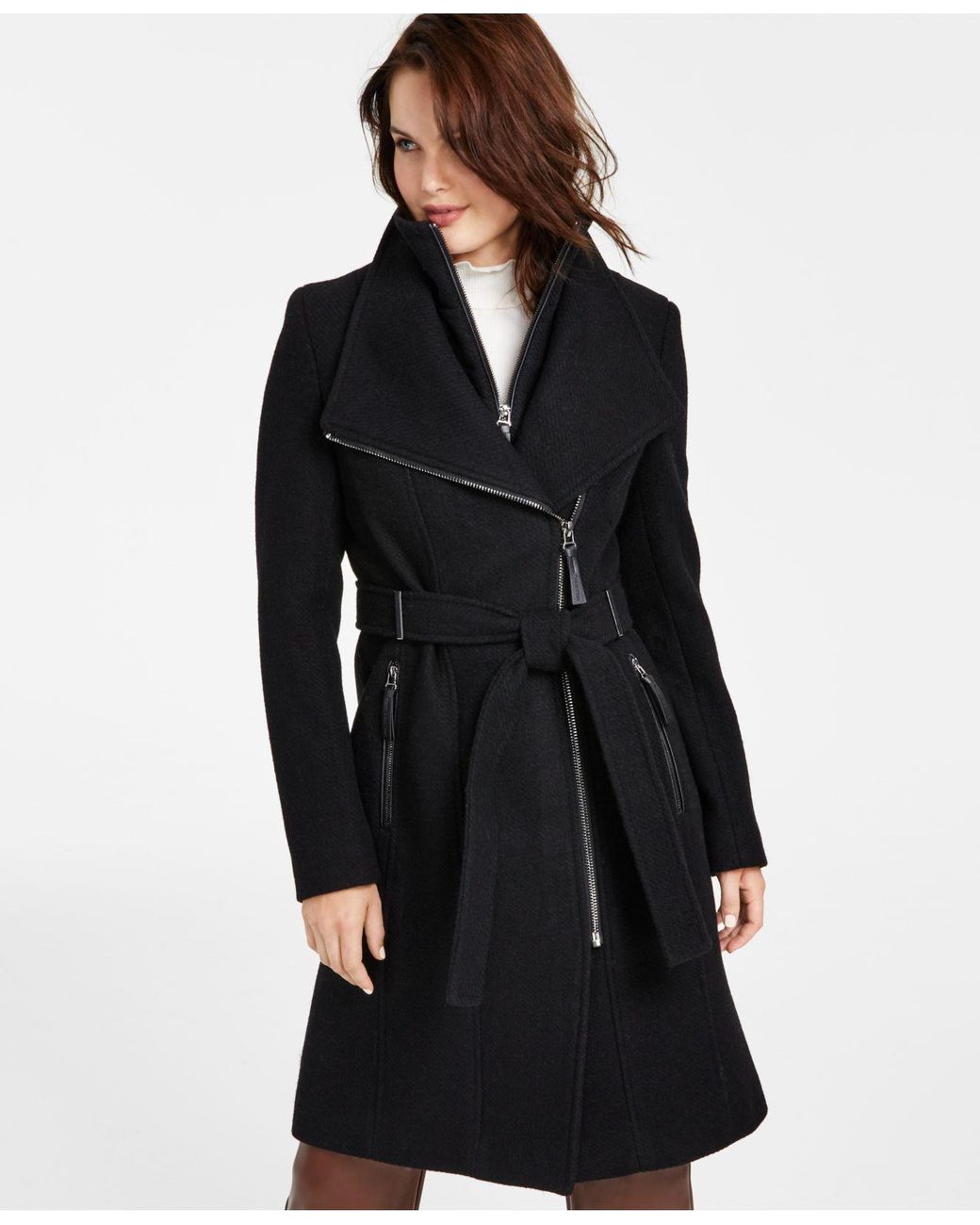 Wool Faux-leather Trim Belted Wrap Coat 