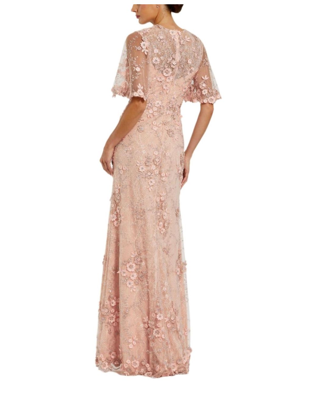 Mac Duggal Petite Flutter Sleeve Floral Embroidered Net Gown in Pink