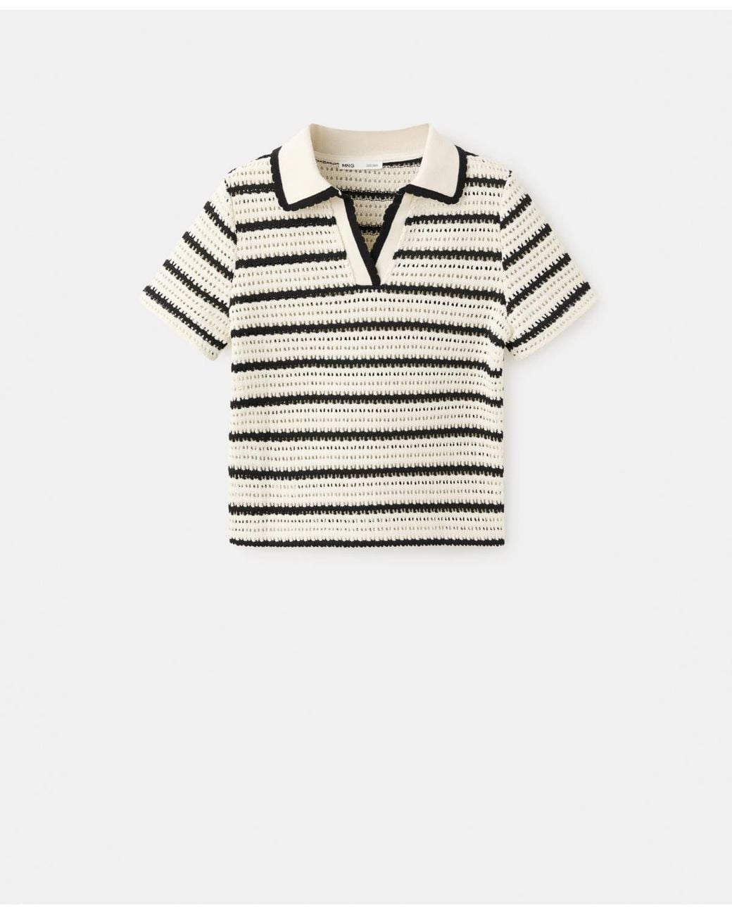 Mango White Striped Crocheted Polo Top
