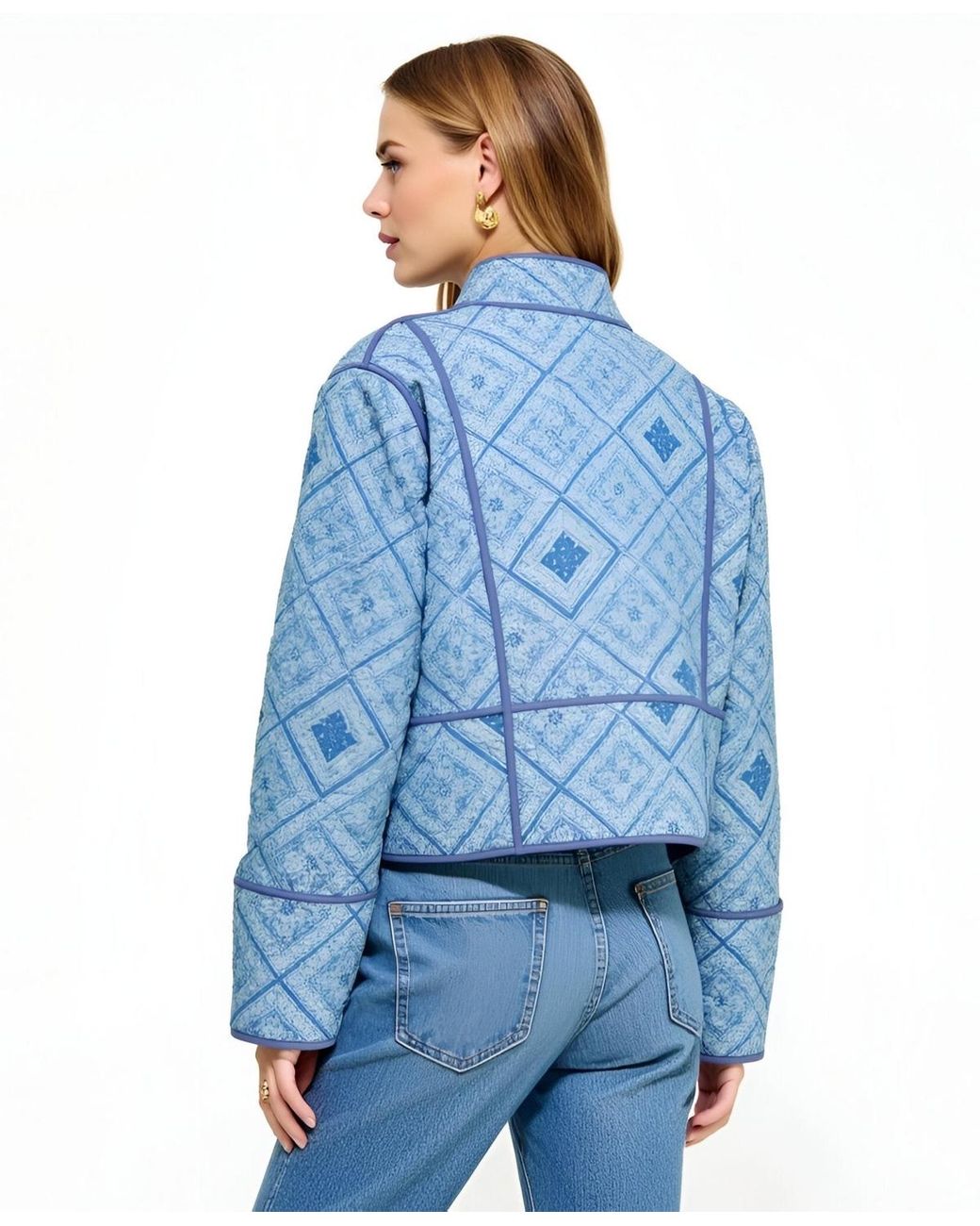 Modenaire Blue Diamond Quilted Open-front Jacket
