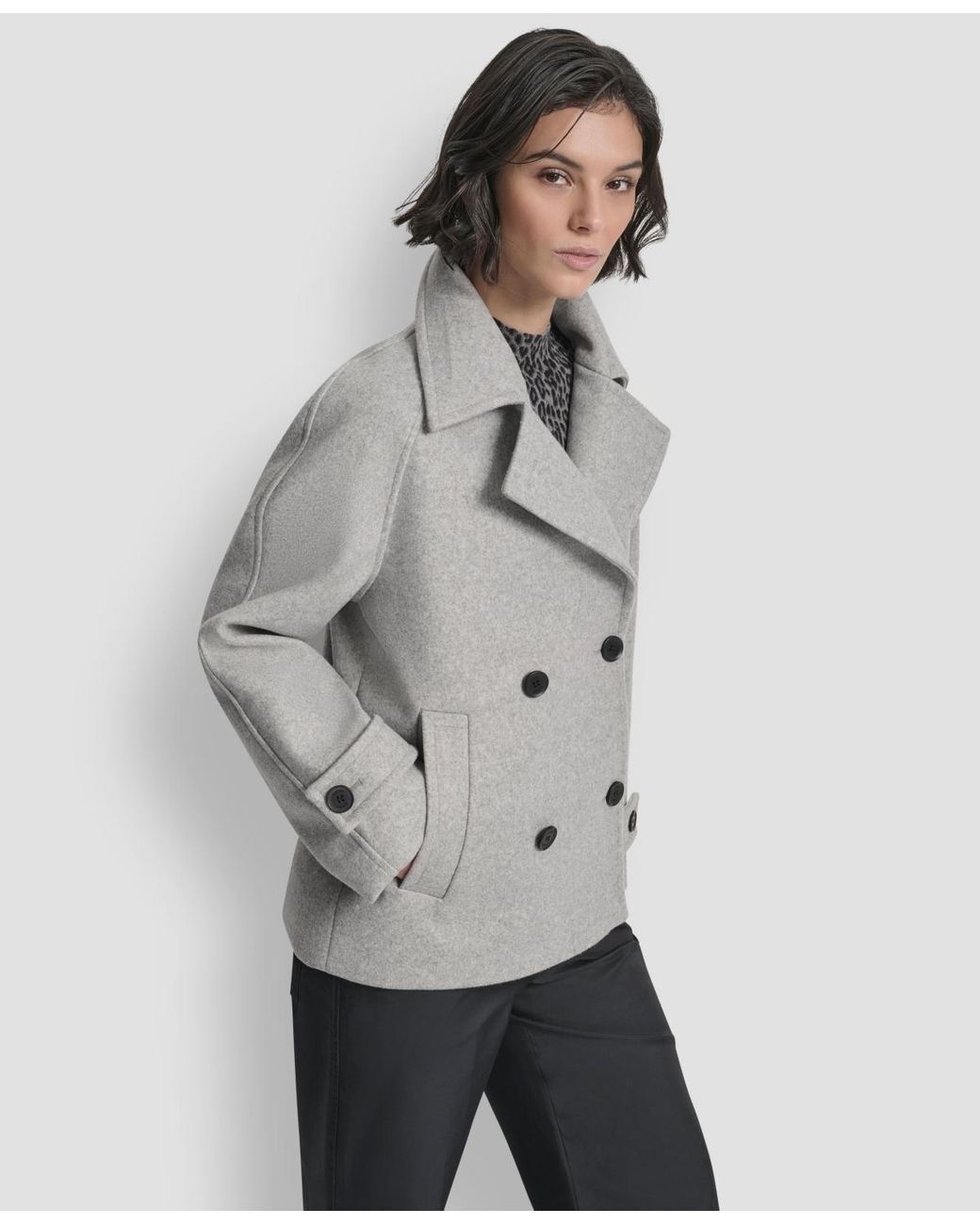 DKNY Gray Short Double Breasted Collared Coat