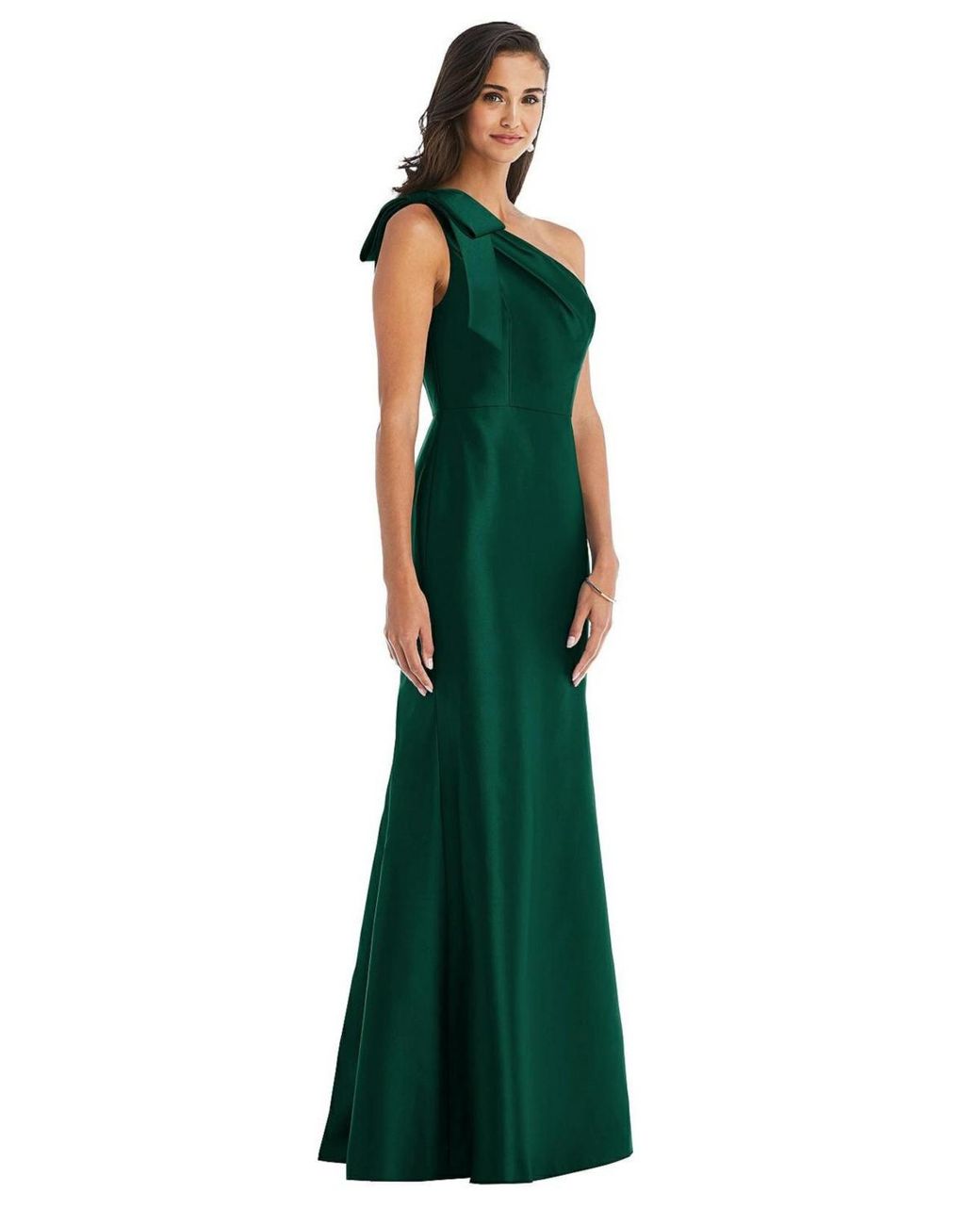 Alfred Sung Plus Size Bow One-shoulder Satin Trumpet Gown in Green | Lyst
