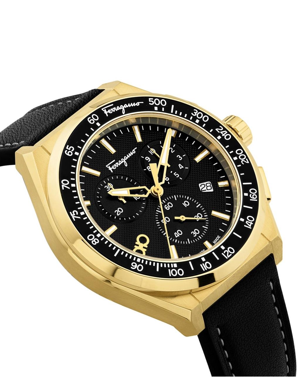 Ferragamo Salvatore Swiss Chronograph Black Leather Strap Watch