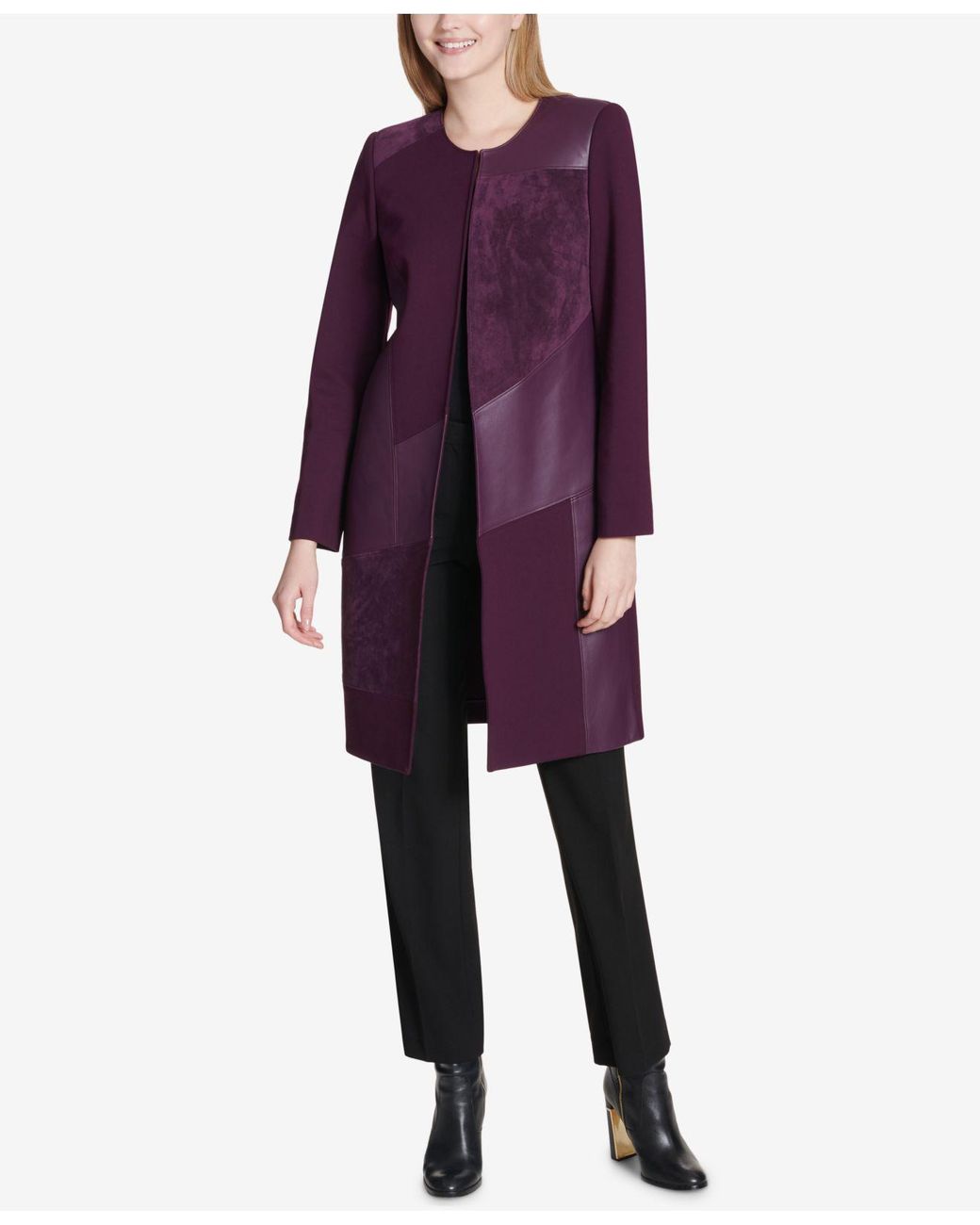 Calvin Klein Long Jacket W/ Suede Faux Leather (aubergine) Coat in Purple |  Lyst