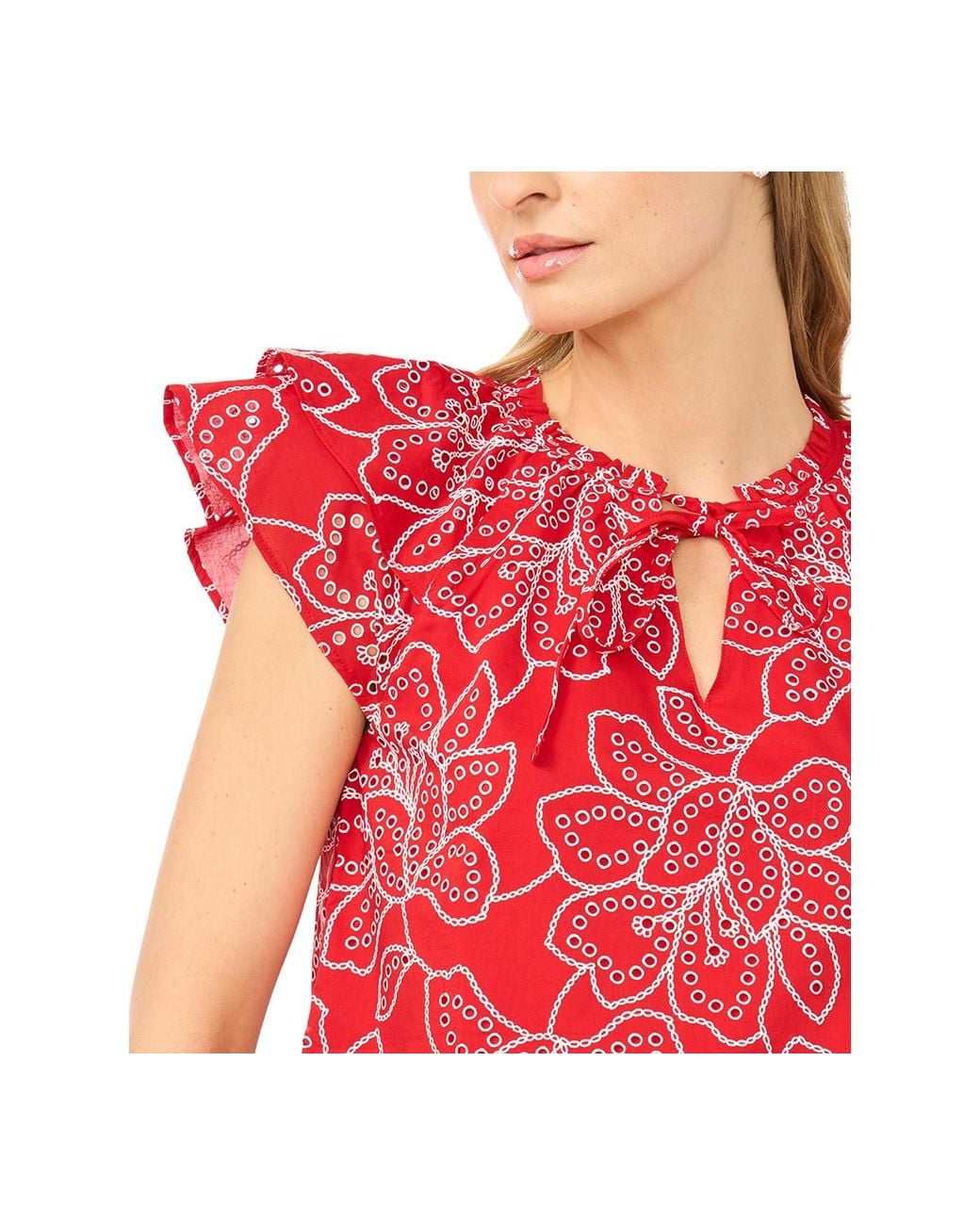 Cece Blue Printed Flutter-sleeve Tie-neck Top