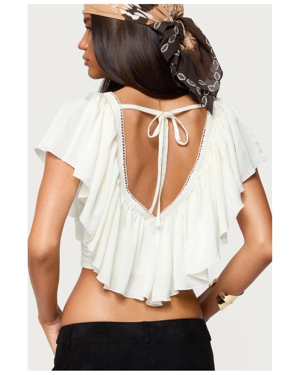 Edikted White Deena Ruffled V Neck Top