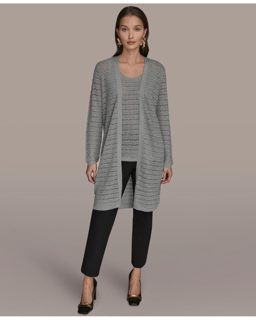 Donna Karan Gray Long-sleeve Open Front Cardigan