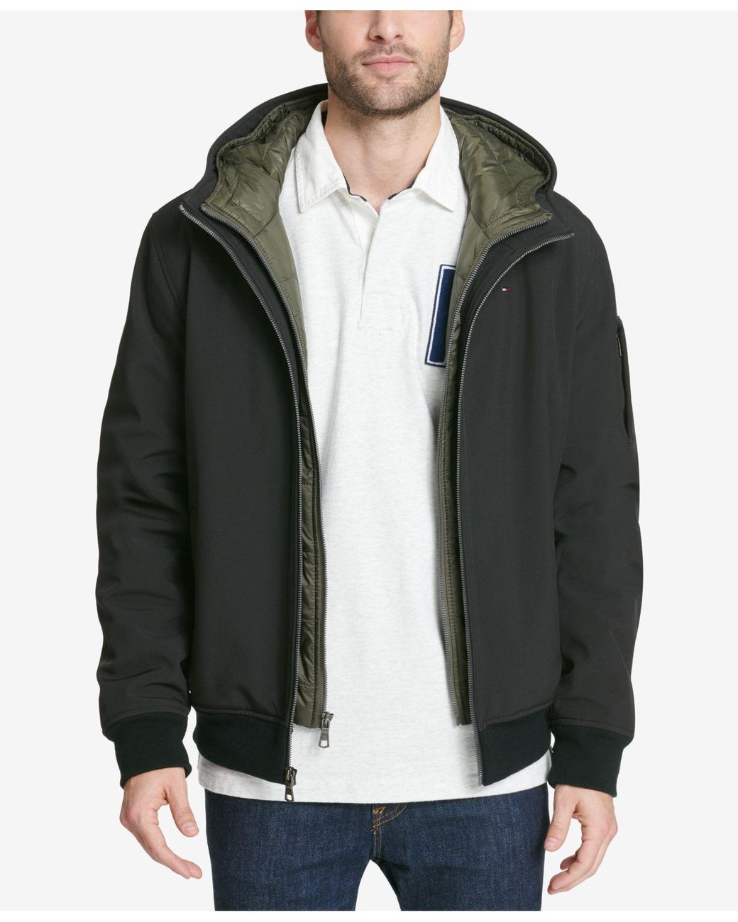 tommy hilfiger men's soft shell fashion bomber with contrast bib and hood