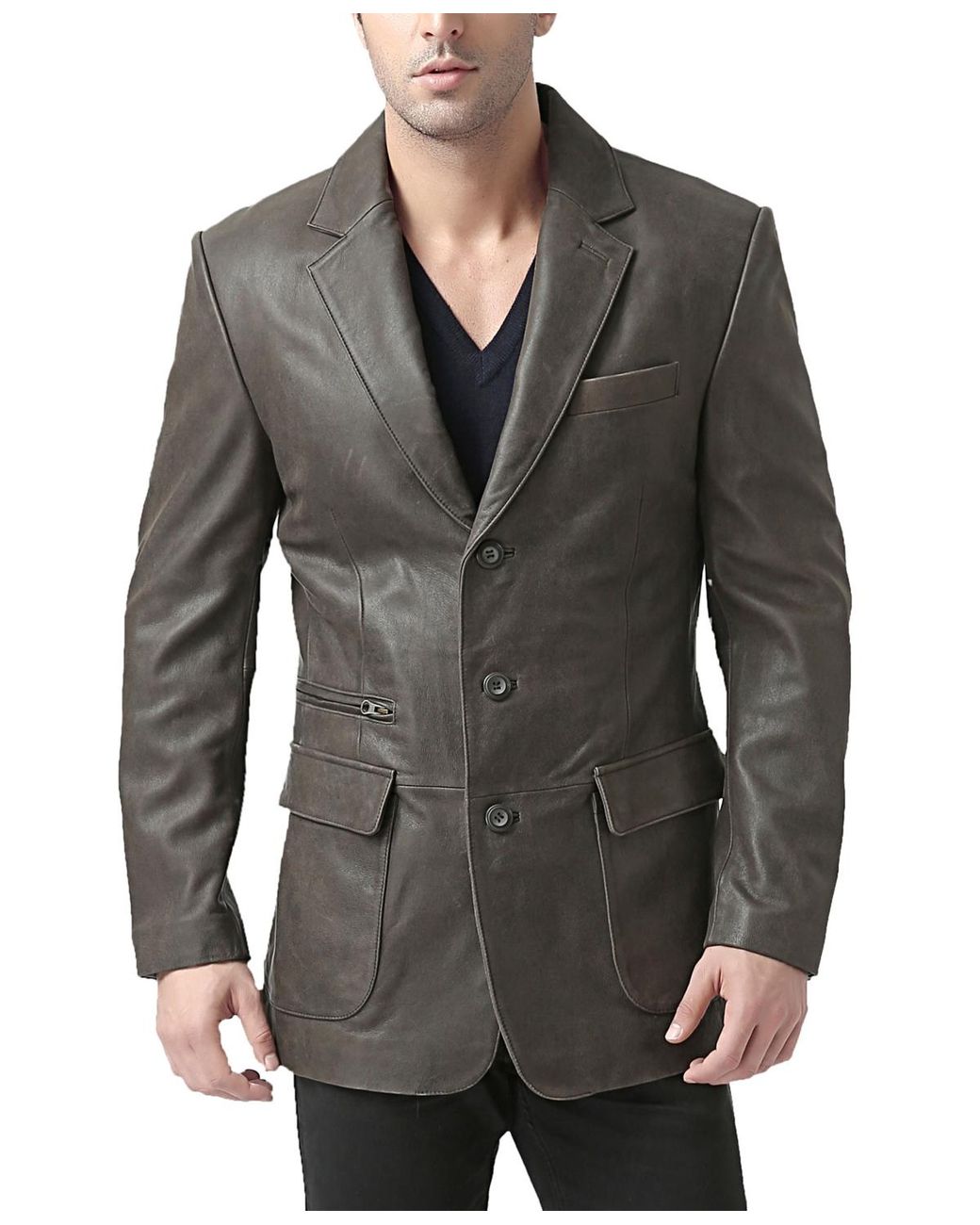 BGSD Gray Men Mark Three-button Distressed Leather Blazer for men