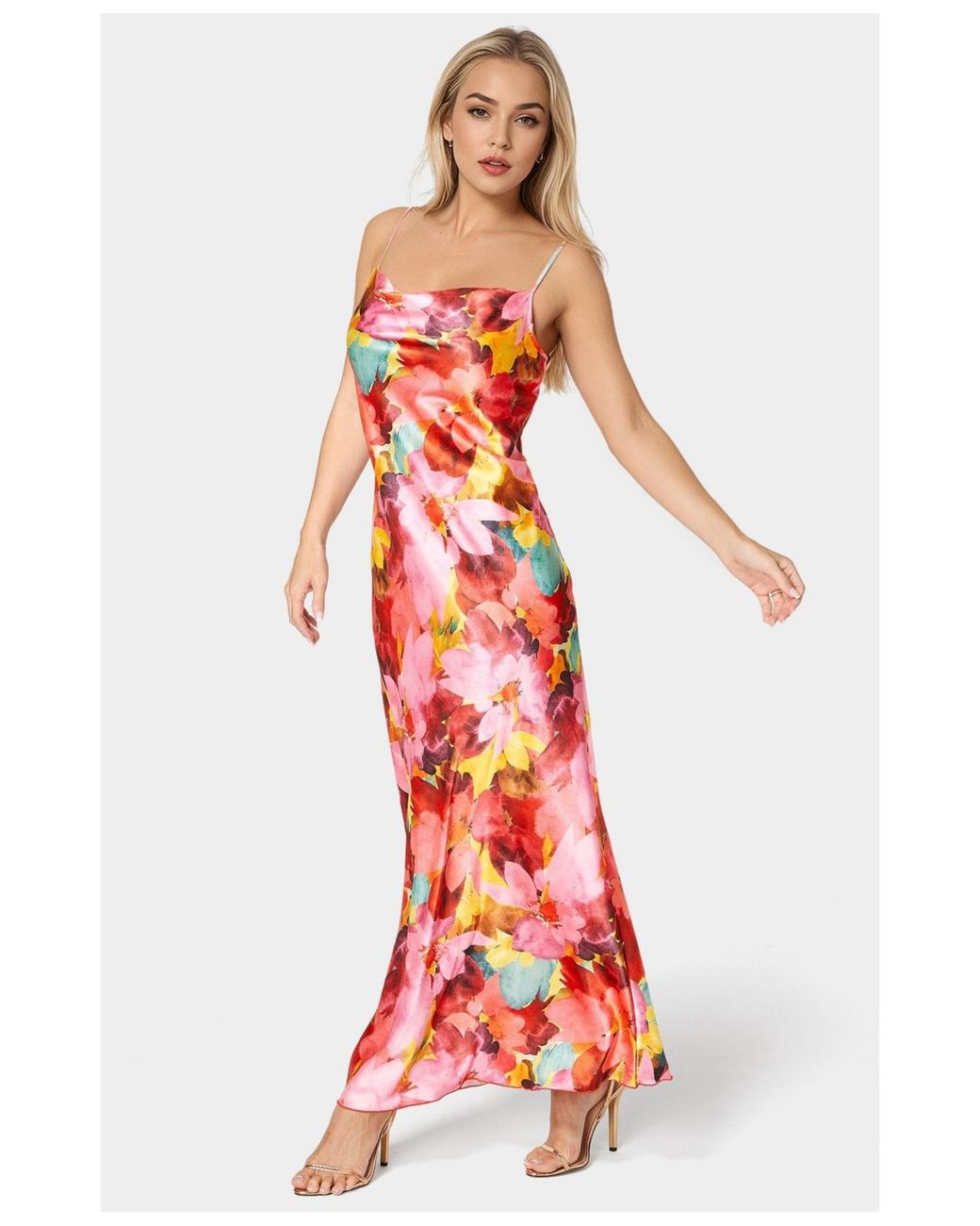 Bebe Print Satin Maxi Dress in Red | Lyst