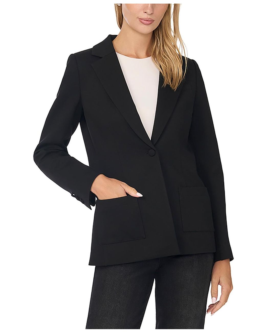Cece Black Stretch Single-breasted Blazer With Patch Pockets