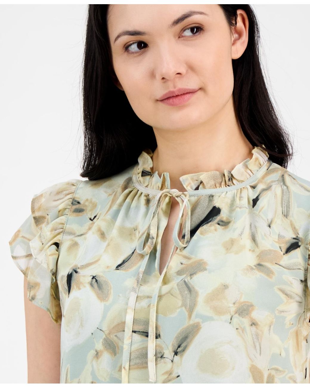 売れ筋商品|||アンクライン カットソー トップス レディース Women's Floral-Print V-Neck Cuffed Blouse Anne Black Multi Anne Klein Missy Sleeveless TULLA Blouse, Pure White/Blue