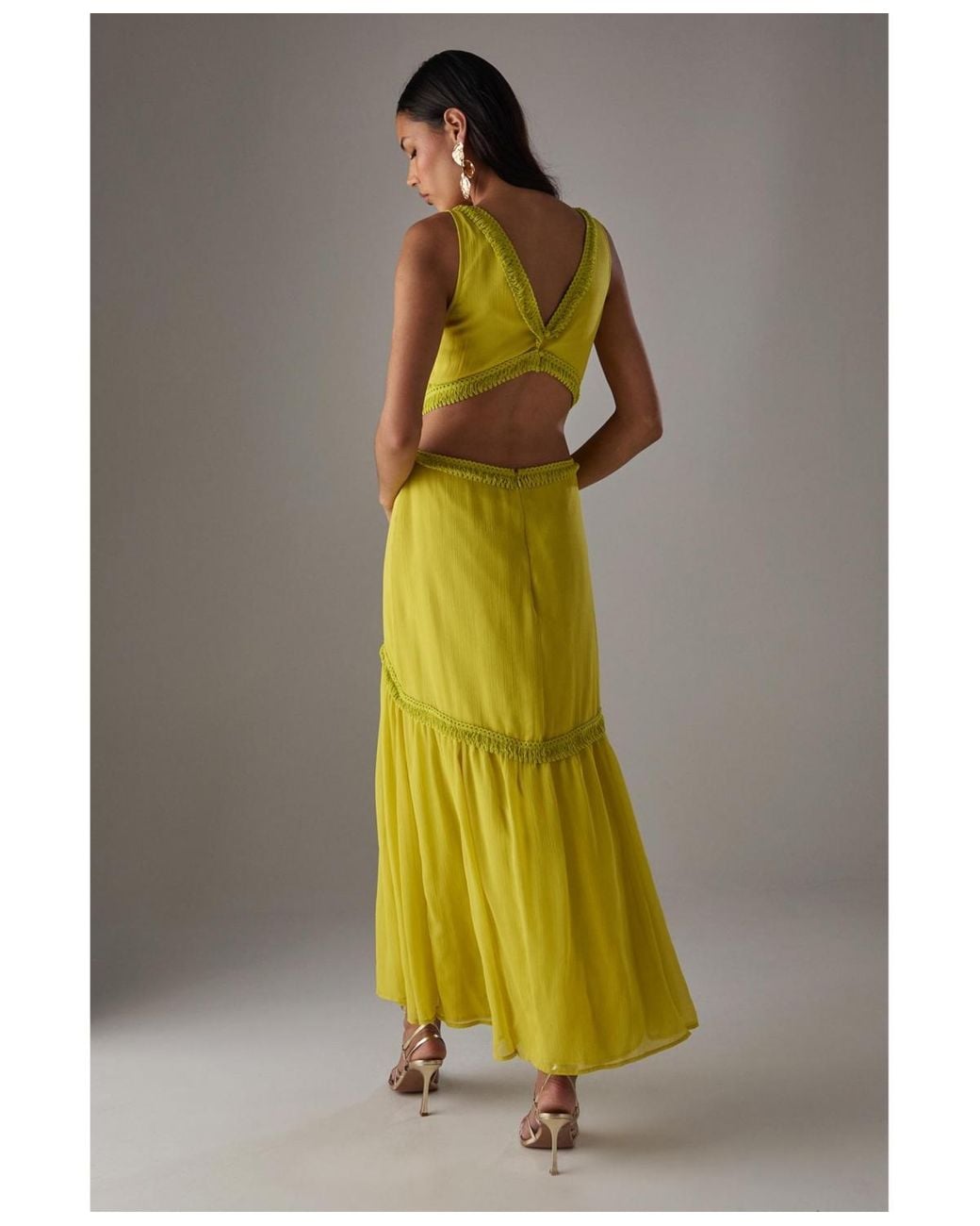 Warehouse Green Chiffon Fringe Trim Cut Out Maxi Dress