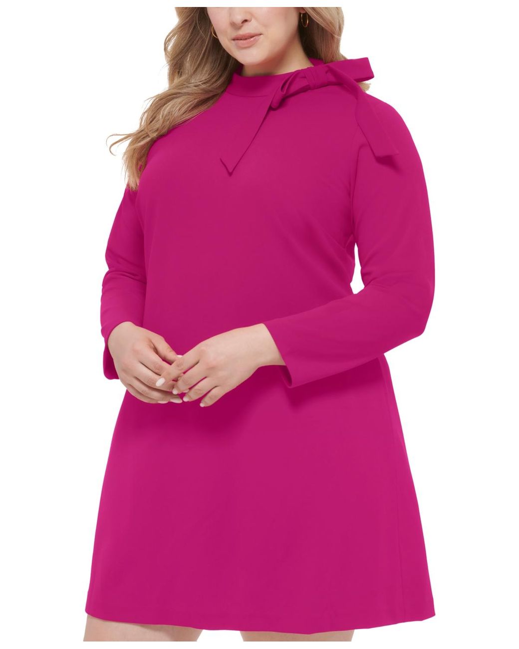 Calvin Klein Plus Size Bow-neck Long-sleeve Swing Dress in Red | Lyst