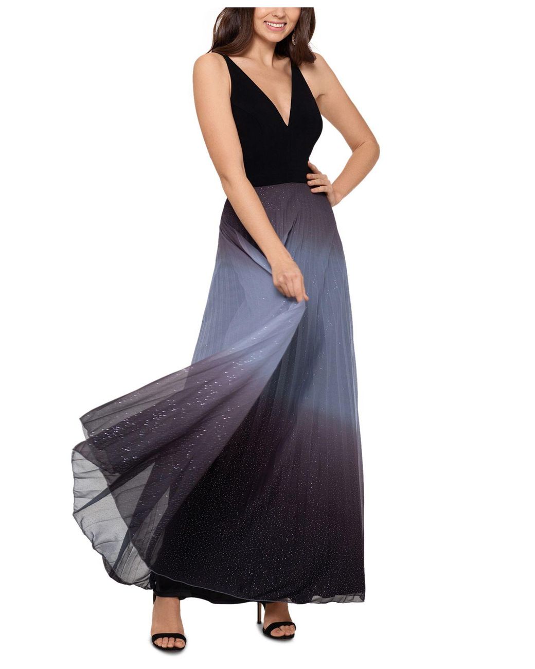 Betsy & Adam Women's Glitter Ombre Full Length Prom Accordion Pleat Dress Black Size 8