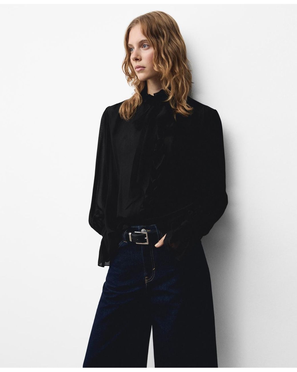black high neck ruffle blouse
