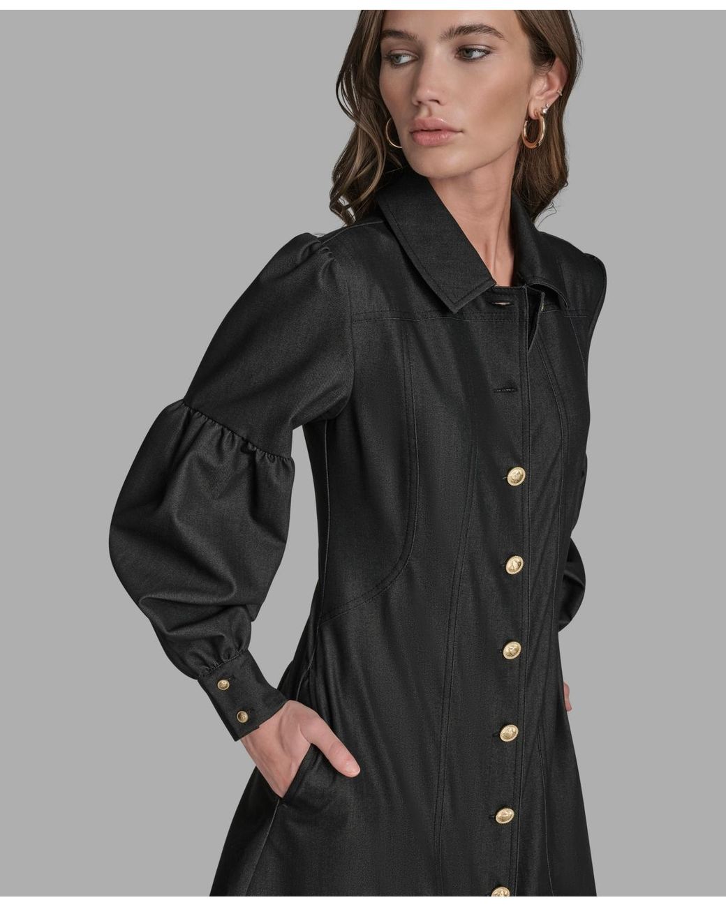 BCBGMAXAZRIA Button-front Balloon Sleeves Mini Denim Dress in Black