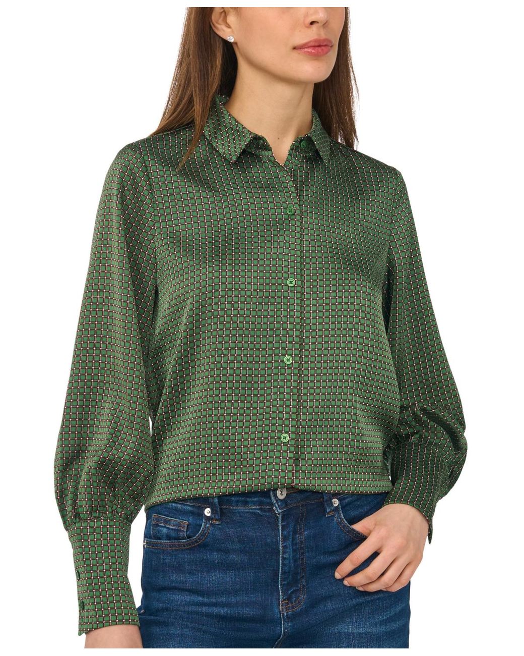 Cece Green Long-sleeve Satin Collared Blouse