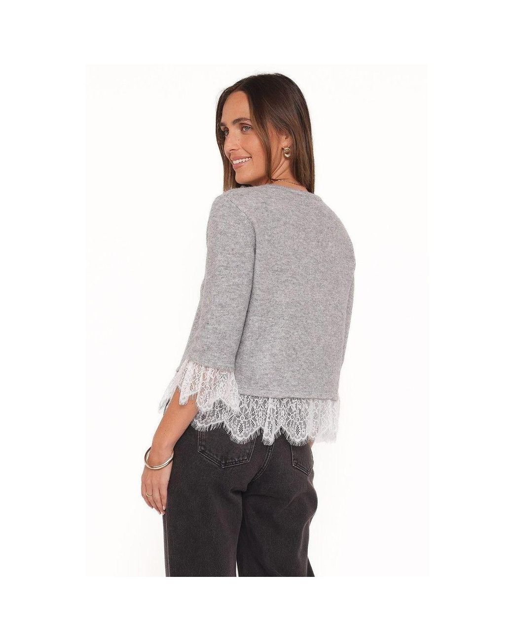 Petal & Pup Helga 3/4-sleeve Lace Cardigan Sweater in Gray | Lyst