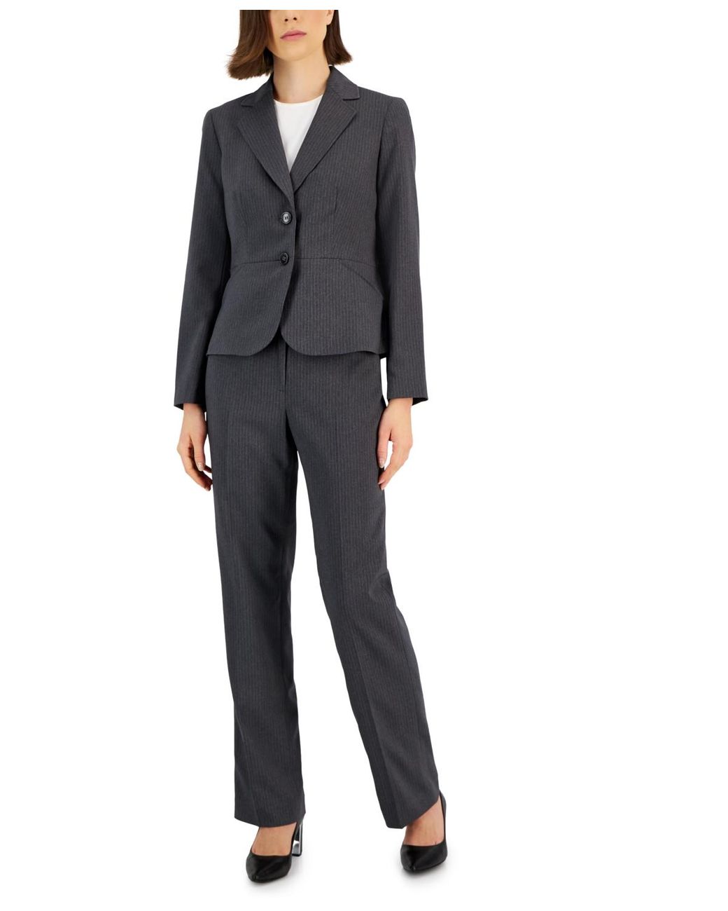 Le Suit Black Two-button Pinstriped Pantsuit Set
