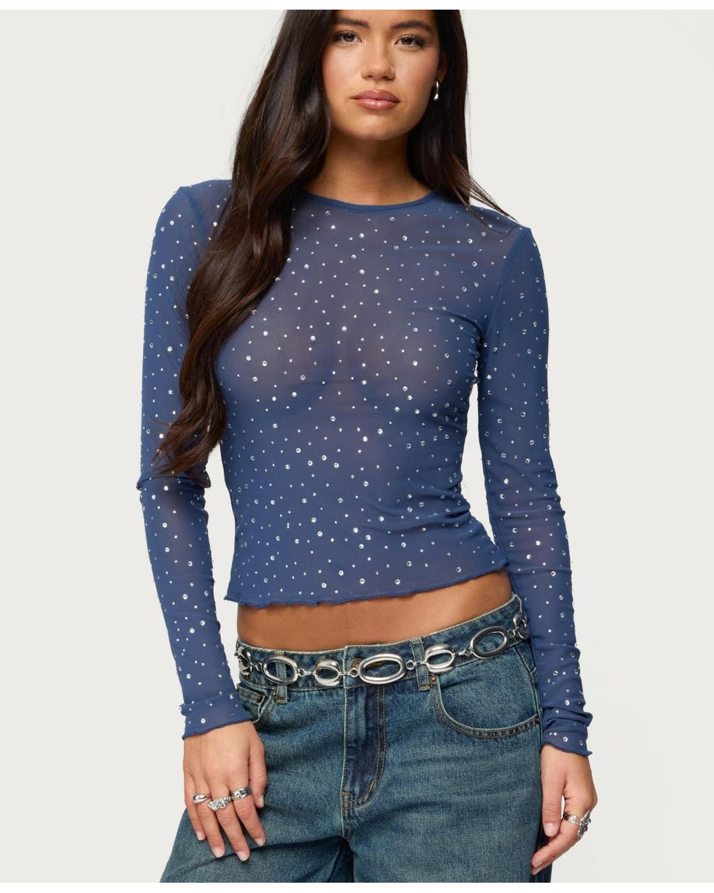 Edikted Anari Rhinestone Mesh Top in Blue | Lyst