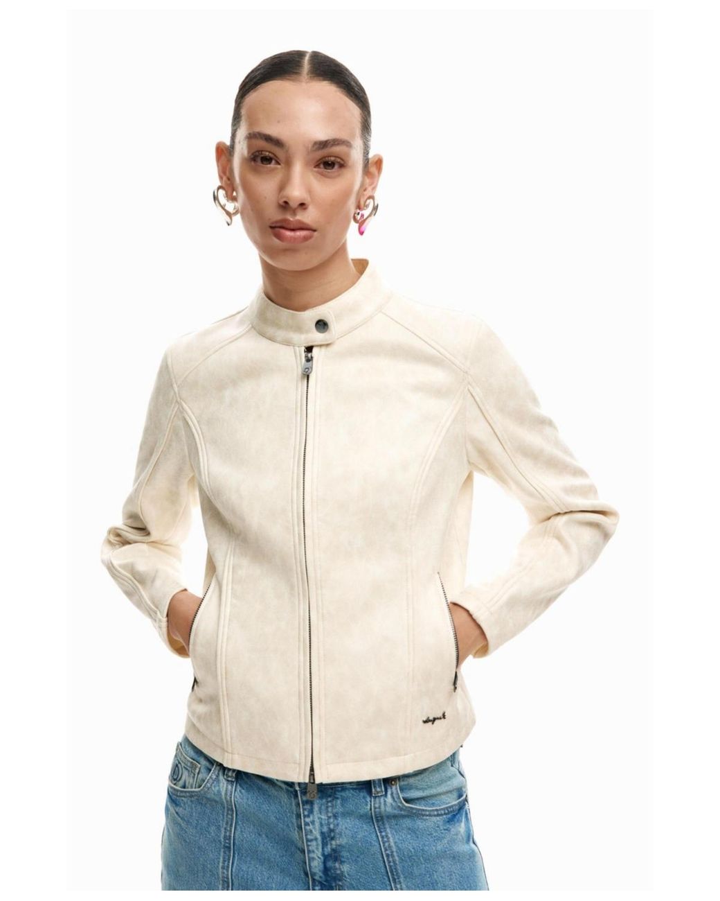 Desigual Mandarin Collar Jacket in Natural | Lyst