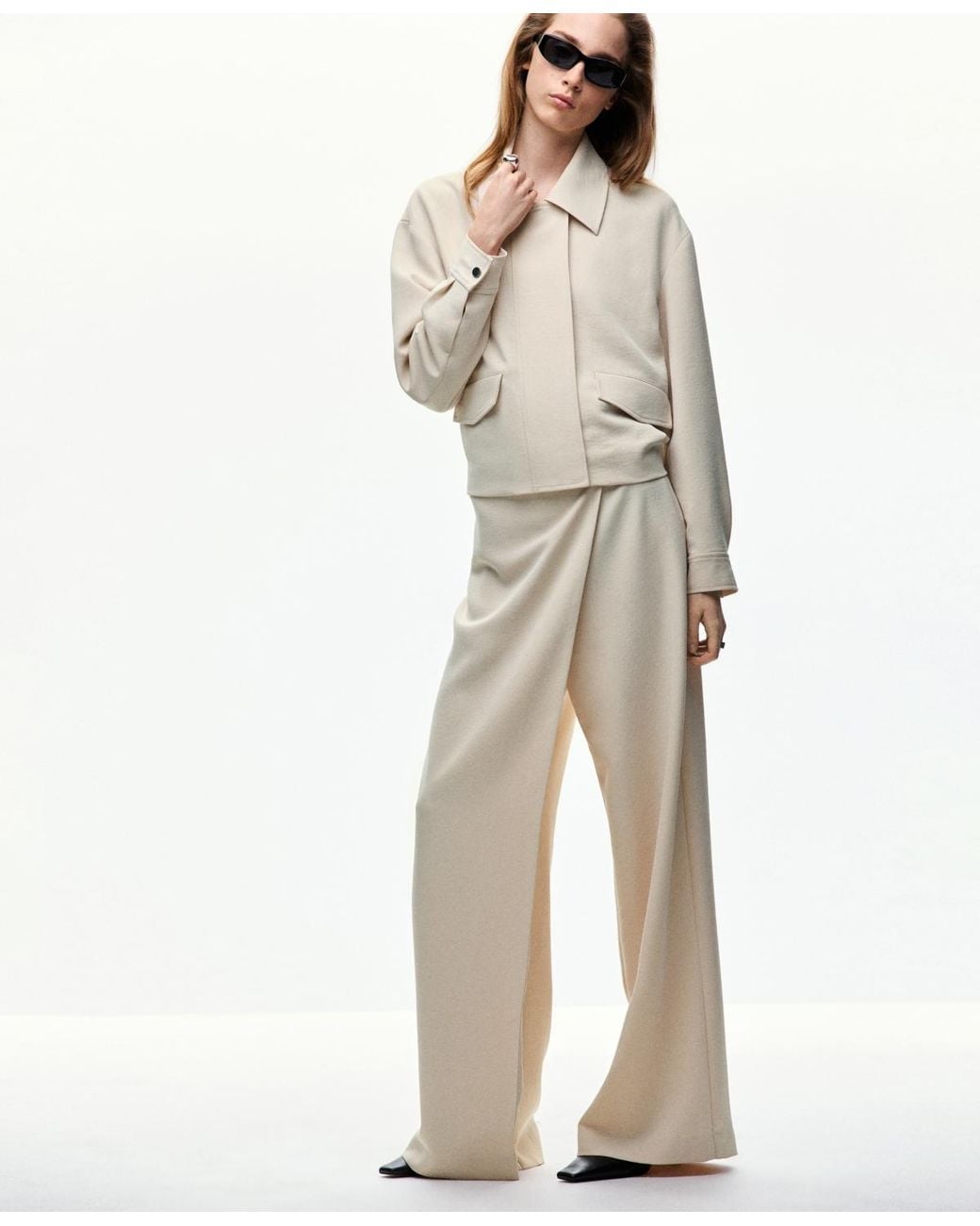 Mango White Pockets Cropped Lined Bomber Jacket