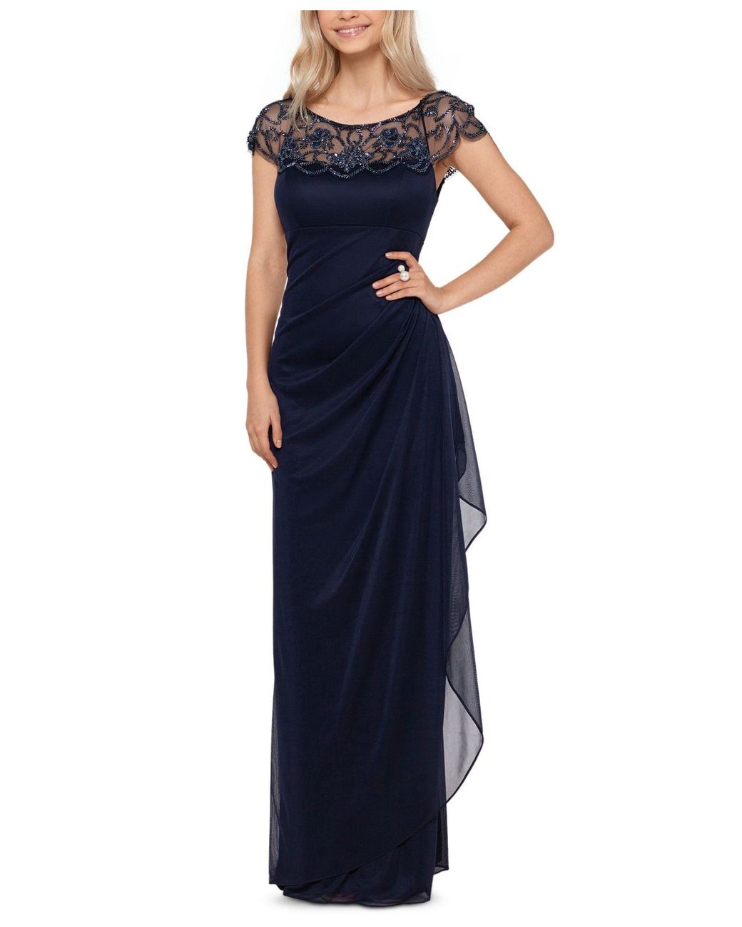 Xscape Synthetic Embellished-neck Gown in Navy Blue (Blue) - Lyst