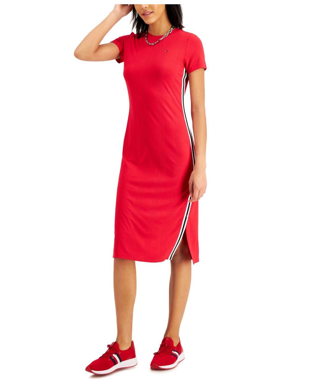 Tommy Hilfiger Ribbed Midi Dress in Red | Lyst
