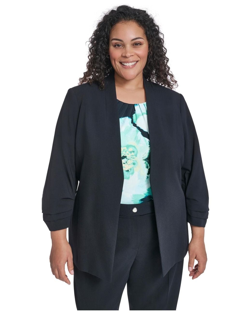 Calvin Klein Blue Plus Size Collarless Open Front Jacket