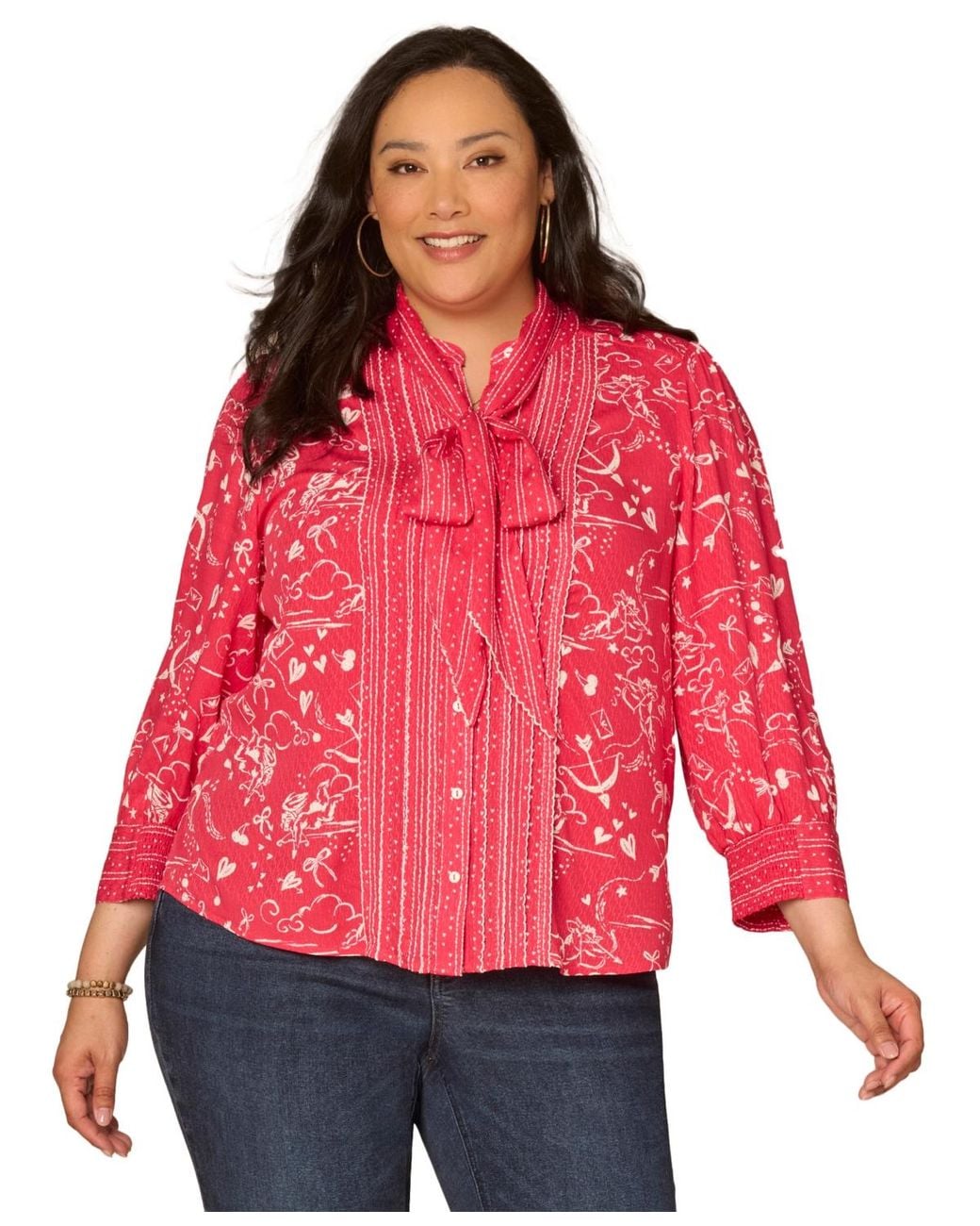 Democracy Red Plus Size 3/4-length Sleeve Button-down Top