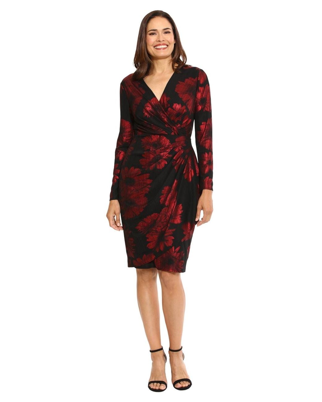 Long Side Ruffled Dress London Times Long-sleeve Floral-print Ruffle Wrap Dress in Red | Lyst
